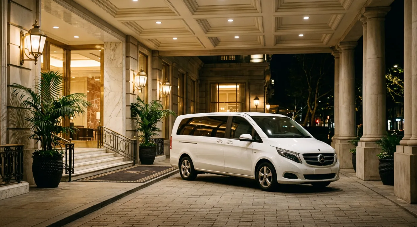 A premium white luxury van parked under a lit hotel portico at night