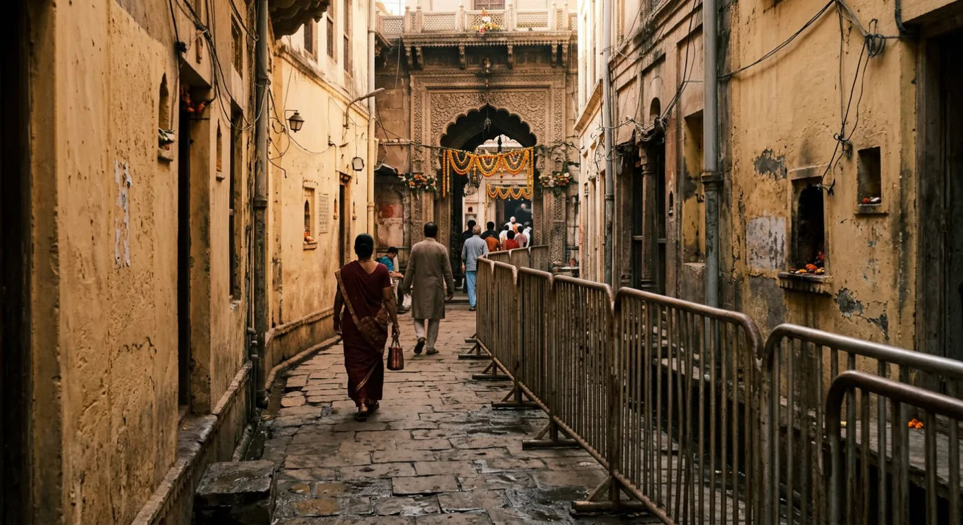 A narrow stone lane in old Varanasi with metal queue barricades leading toward a temple entrance