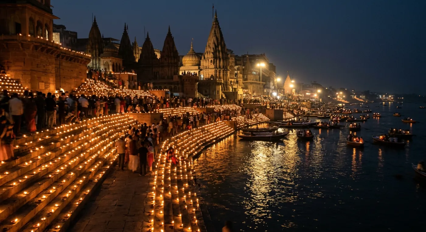 Rows of lit clay oil lamps along the Varanasi ghat steps beside the Ganga on Dev Deepawali night