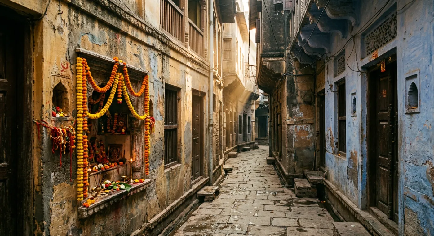 A narrow old-city lane in Varanasi with a small shrine alcove and marigold garlands