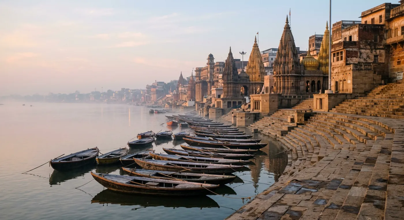 The tiered sandstone ghats of Varanasi descending to the Ganga at dawn, with moored wooden boats